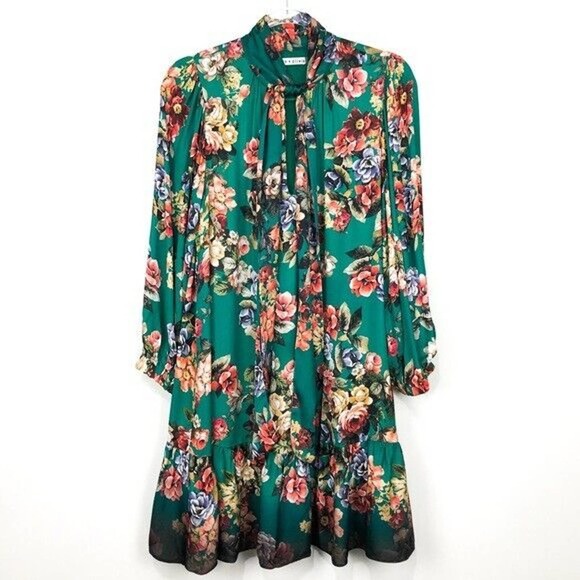 Alice + Olivia Merrilee Floral Tie V Neck Long Sleeve Mini Dress Green R… - Picture 2 of 11